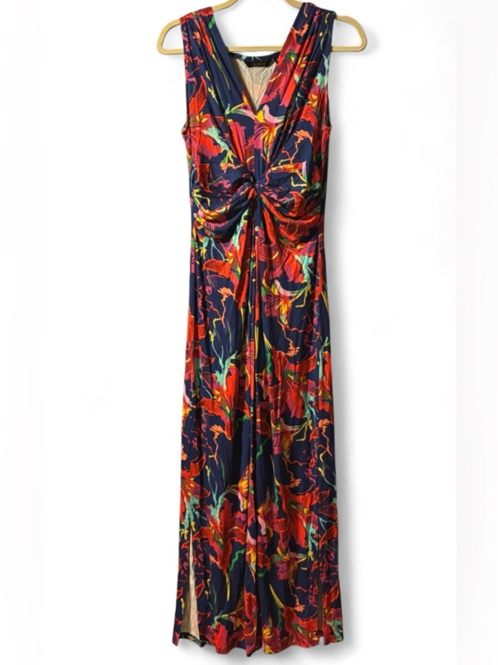 IMAN Women's Multicolor Sleeveless Maxi Dress V-Neck Sz M Stretch Twist Front